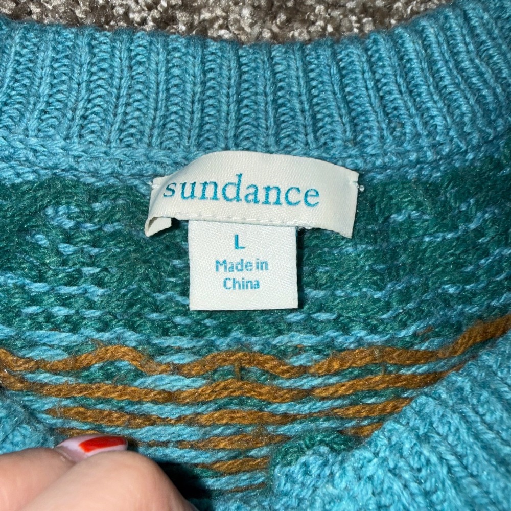 Sundance Fair Isle Knit Sweater Womens Large Teal Blue Excellent Geometric Boho - Picture 2 of 3